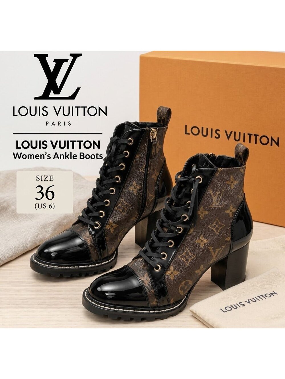 Louis Vuitton Women's Ankle Boots Size 36 US 6 Monogram Heeled Lace-Up